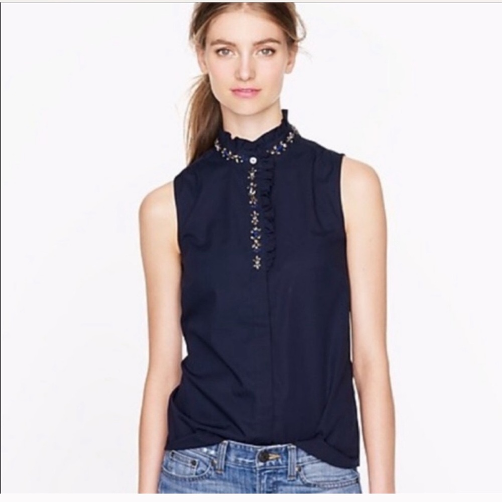 J crew sleeveless ruffled jeweled collar shirt